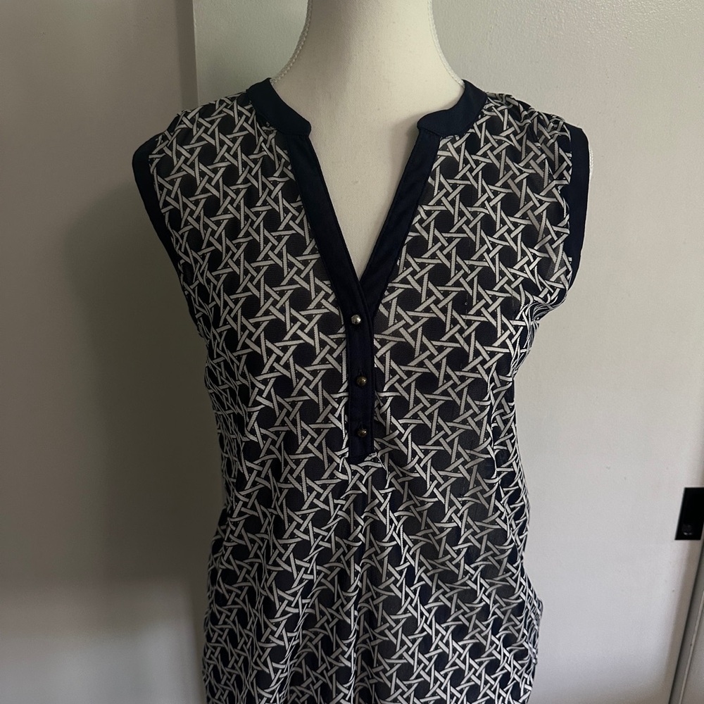 The Limited Black and White Buttoned Blouse with Mandarin Collar